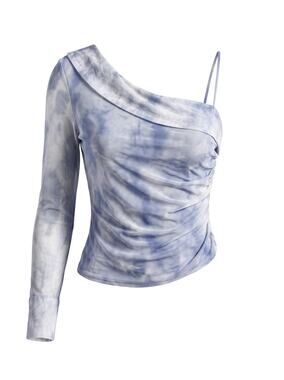 ASTR the Label Women's S Blue Tye-Dye Asymetrical One-Shoulder Miah Mesh Top